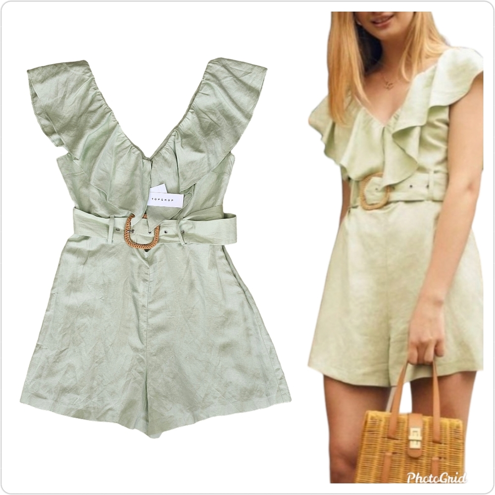Topshop Light Sage Green Ruffle Romper with Belt